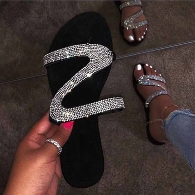 2024 Summer New European and American Export-Style Rhinestone Flip Flops for Women, Plus Size Flat Sandals