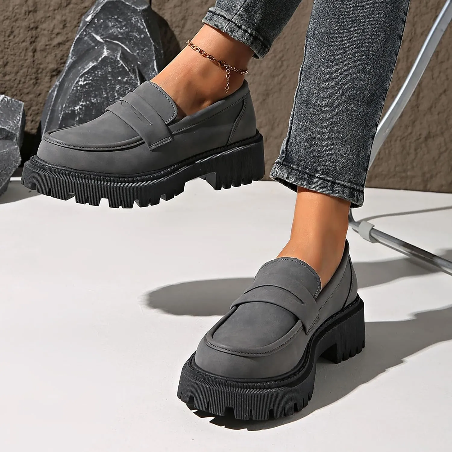 Chunky Loafers Women Slip-On Business Shoes Comfortable Work Shoes Casual Platform Loafers Leather Penny Loafers