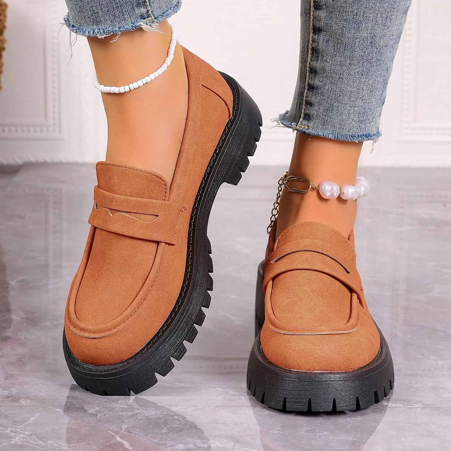 Chunky Loafers Women Slip-On Business Shoes Comfortable Work Shoes Casual Platform Loafers Leather Penny Loafers