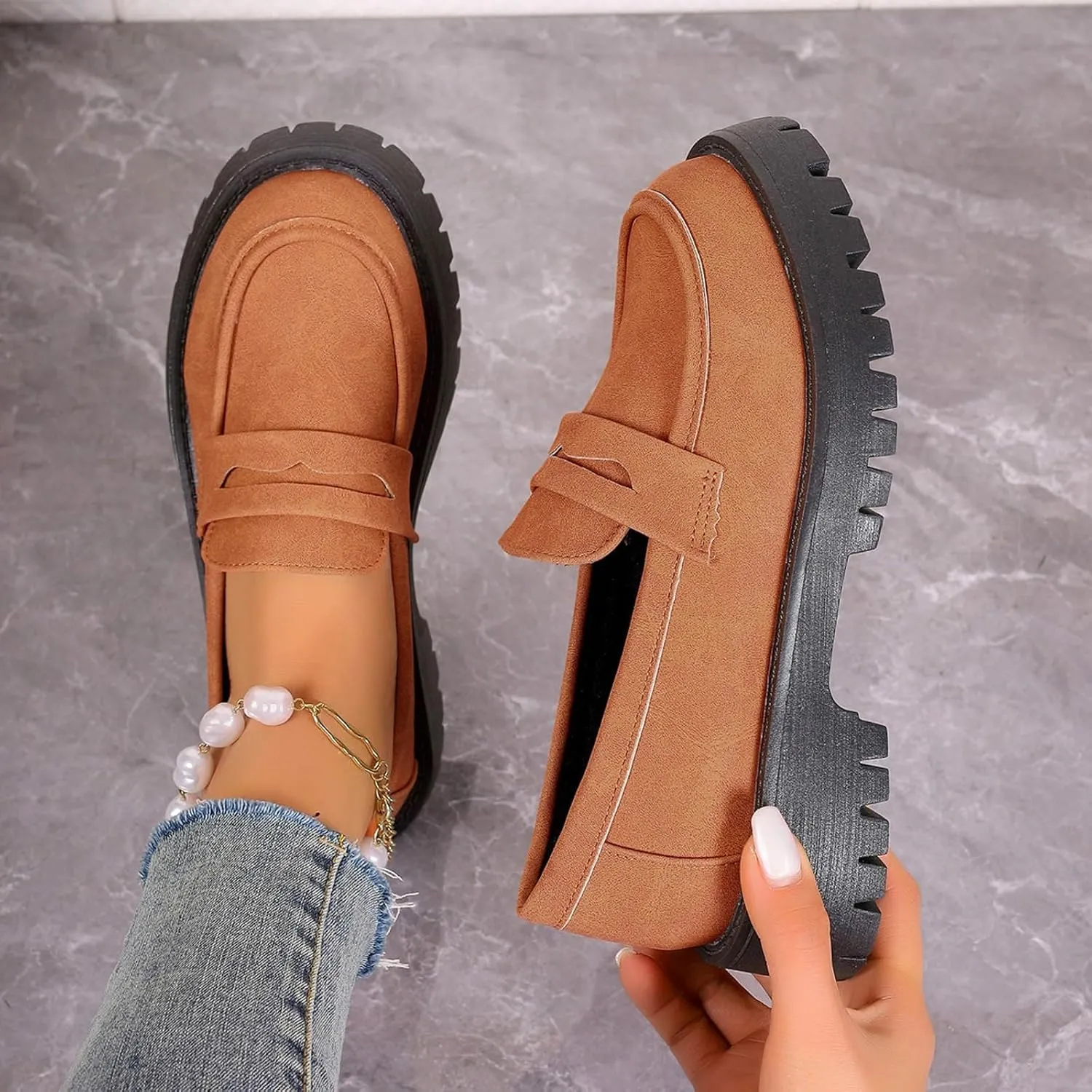 Chunky Loafers Women Slip-On Business Shoes Comfortable Work Shoes Casual Platform Loafers Leather Penny Loafers