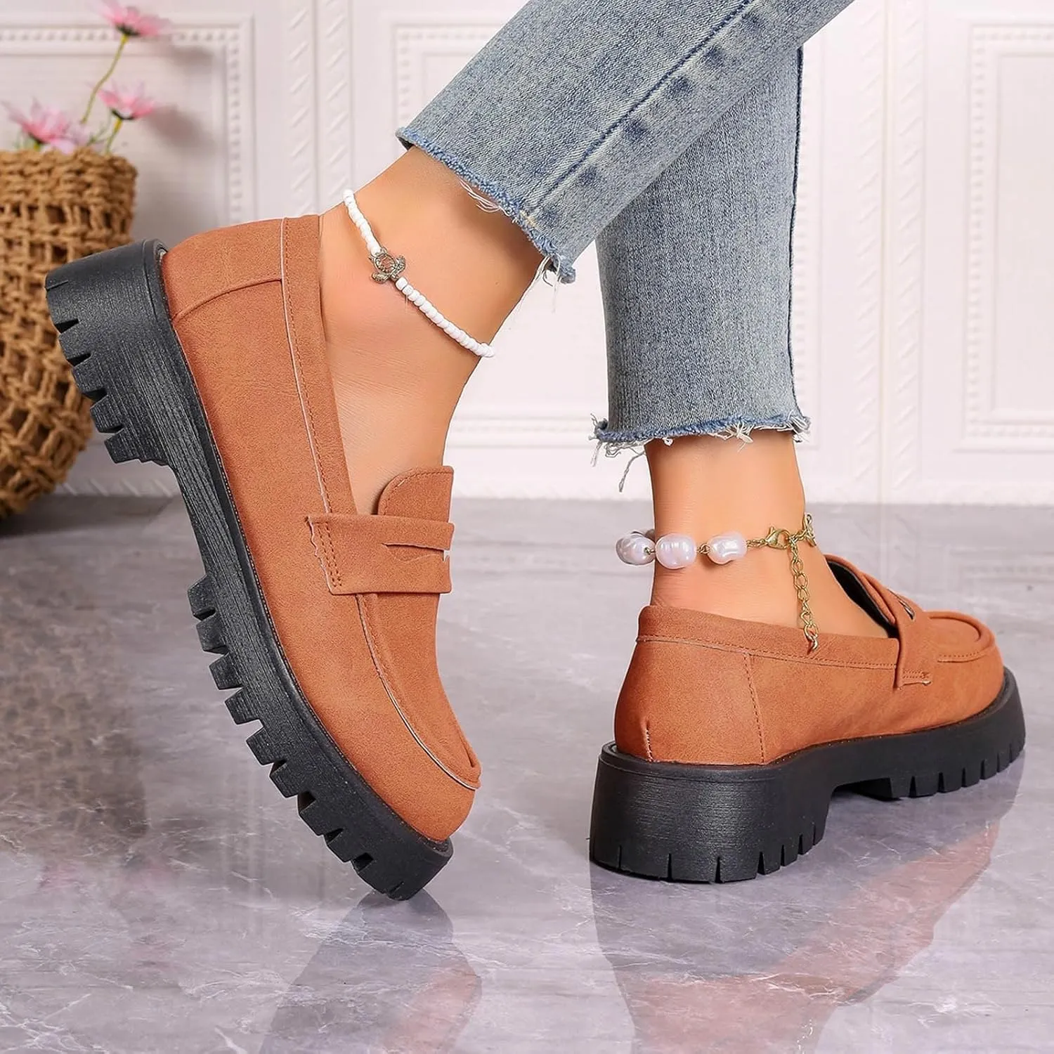 Chunky Loafers Women Slip-On Business Shoes Comfortable Work Shoes Casual Platform Loafers Leather Penny Loafers