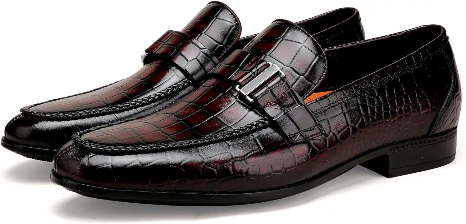 Classic Leather Dress Shoes for Men, Premium Alligator Printed Bussiness Dress Slip on Loafer for Mens