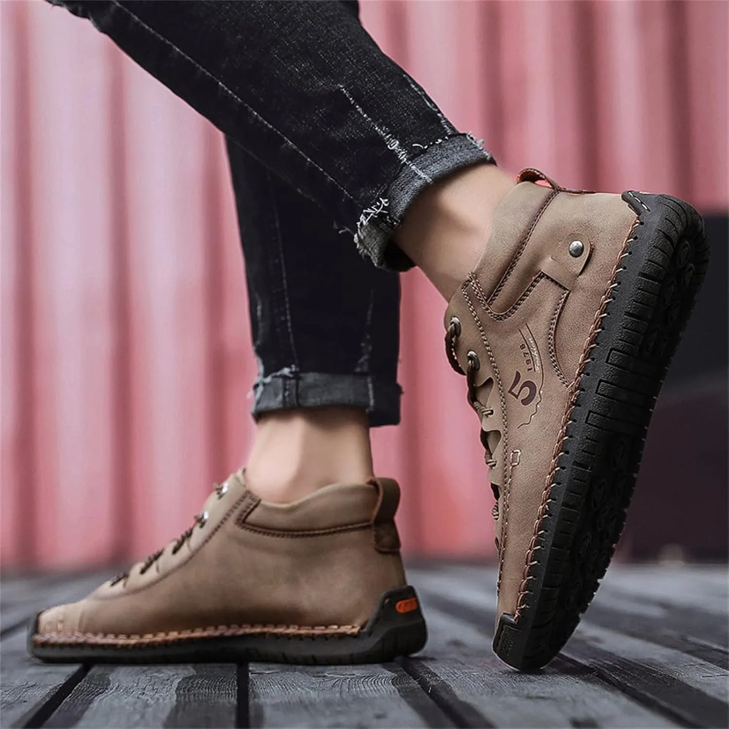 Hiking Casual Boots for Men Fashion High-Top Leather Motorcycle Shoes Lace up Slip on Loafers Mid Top Walking Sneakers