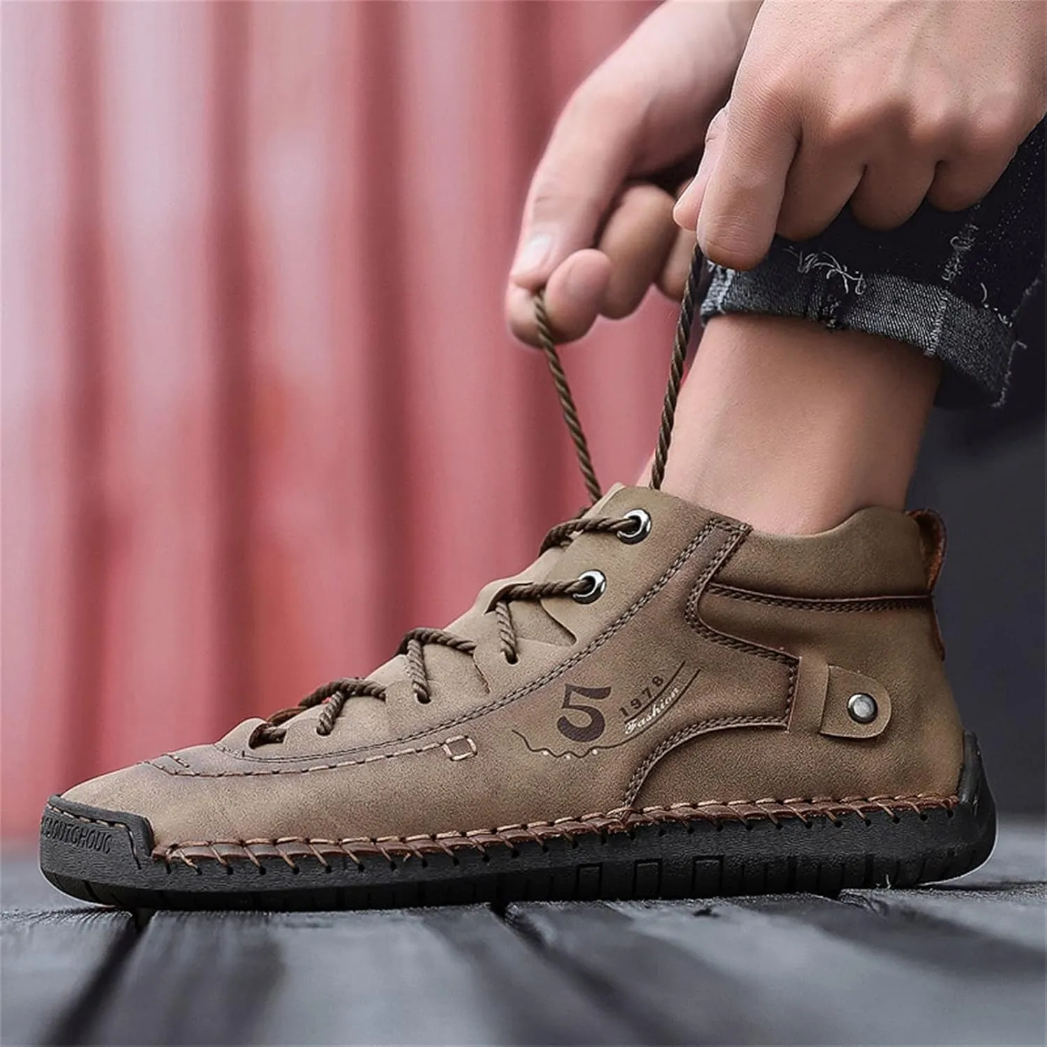 Hiking Casual Boots for Men Fashion High-Top Leather Motorcycle Shoes Lace up Slip on Loafers Mid Top Walking Sneakers
