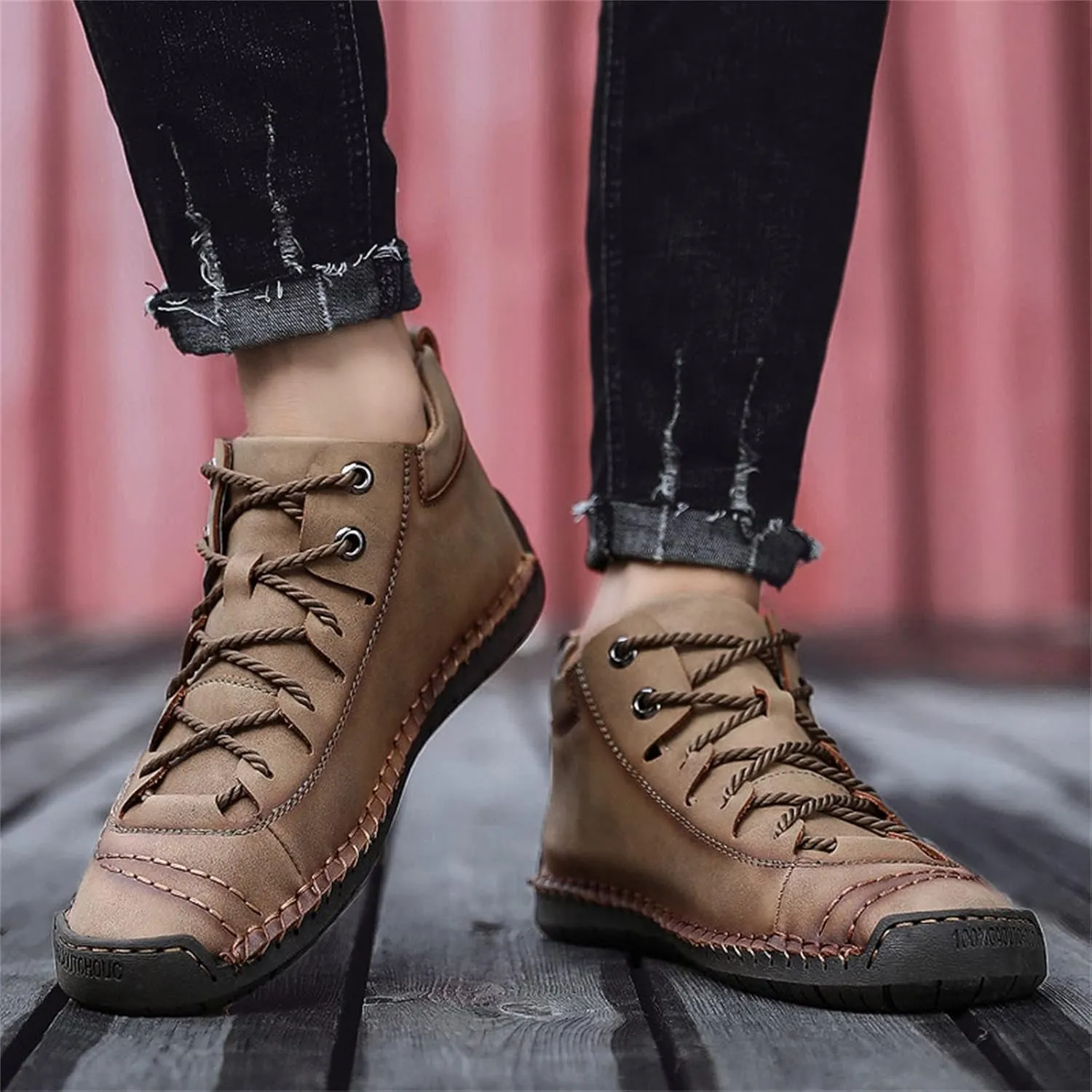 Hiking Casual Boots for Men Fashion High-Top Leather Motorcycle Shoes Lace up Slip on Loafers Mid Top Walking Sneakers