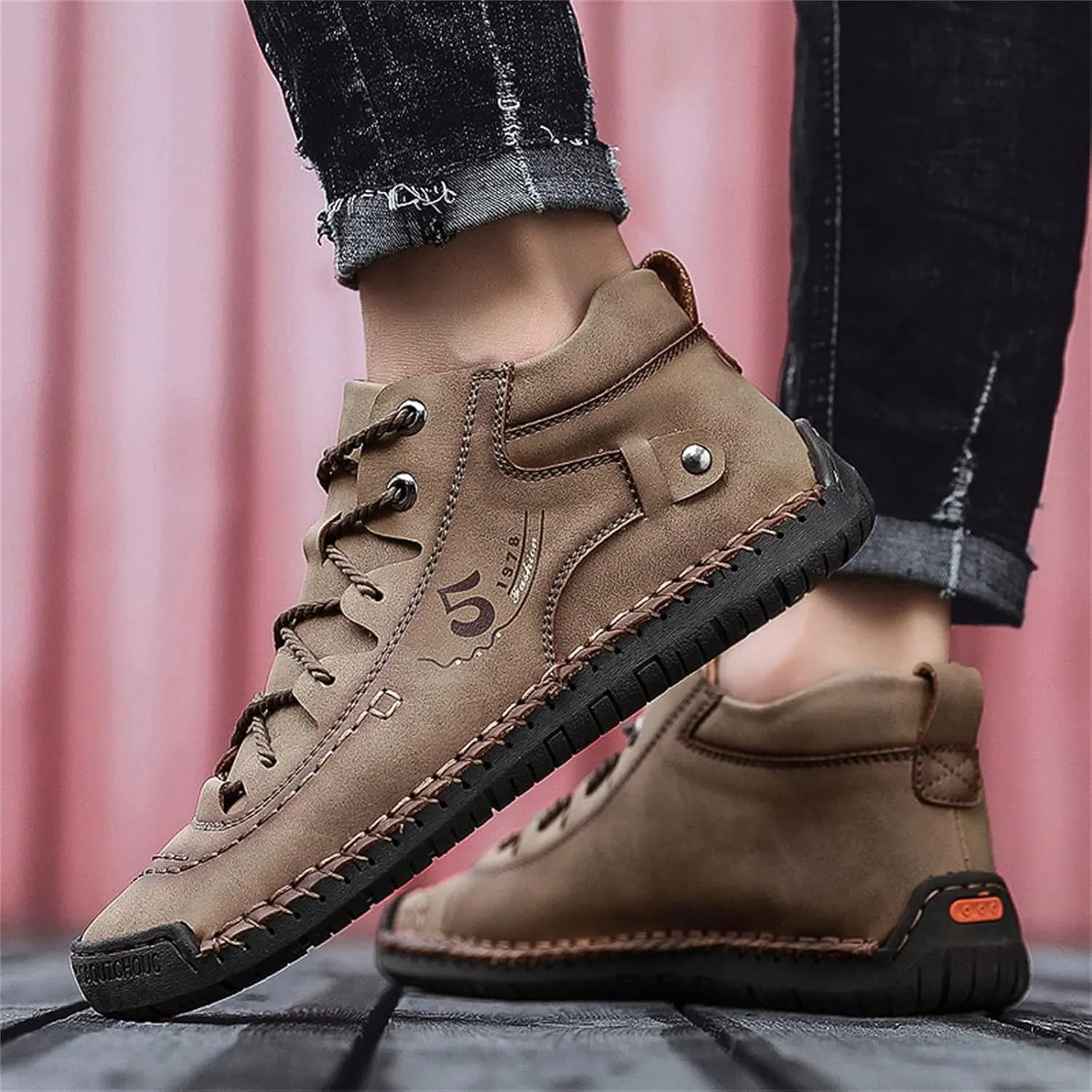 Hiking Casual Boots for Men Fashion High-Top Leather Motorcycle Shoes Lace up Slip on Loafers Mid Top Walking Sneakers