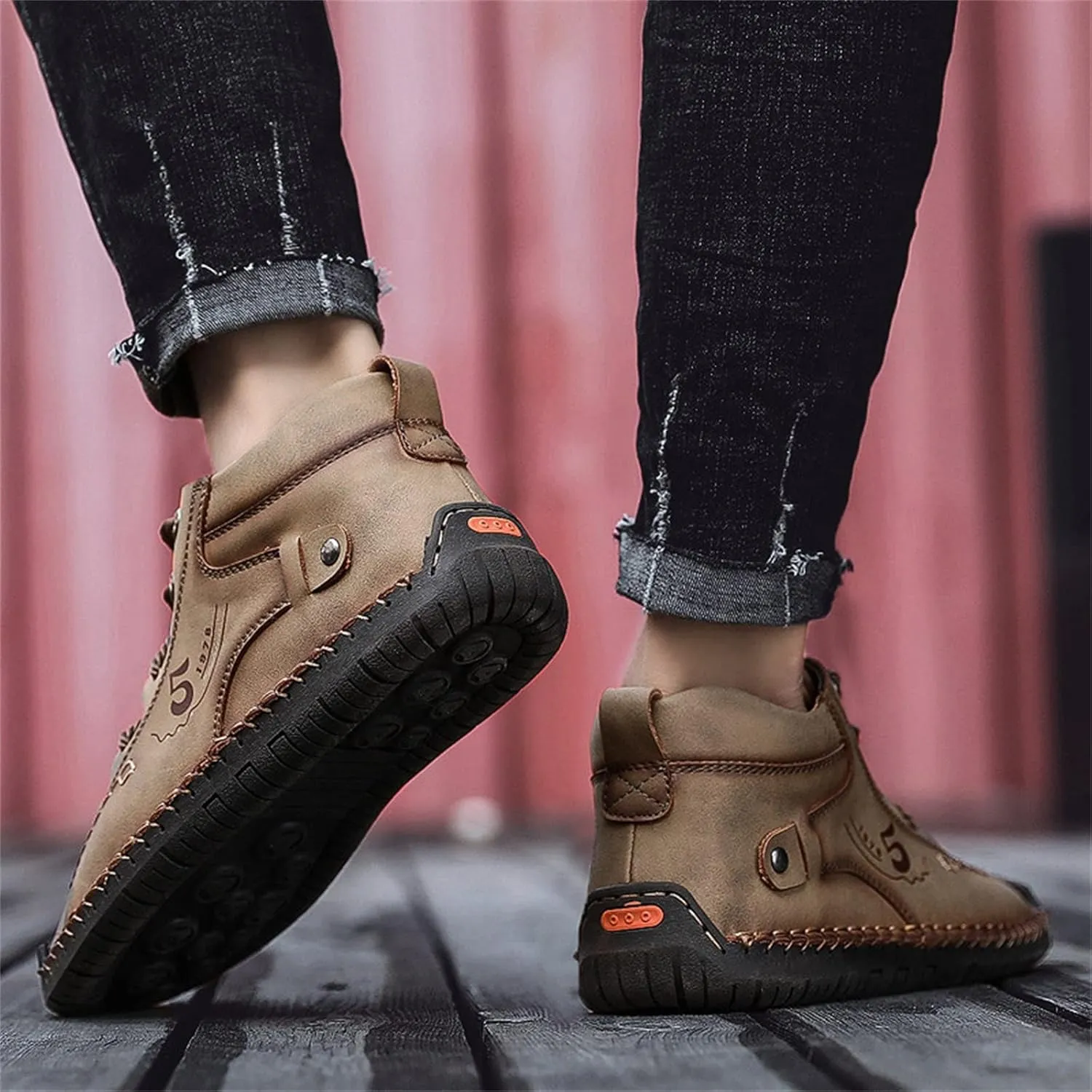 Hiking Casual Boots for Men Fashion High-Top Leather Motorcycle Shoes Lace up Slip on Loafers Mid Top Walking Sneakers