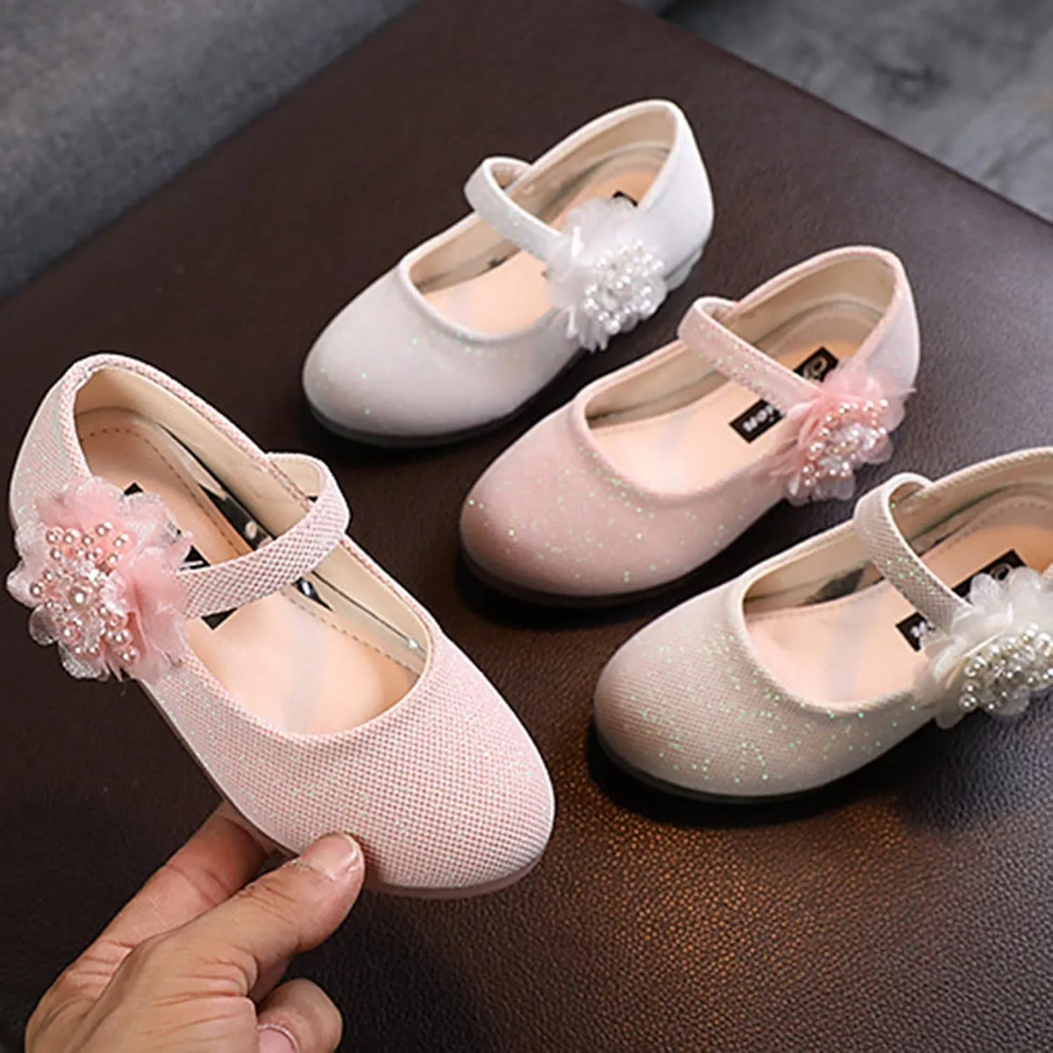 Kids Children Leather Single Shoes Fashion Pearl Big Flower Decorate Small Grid Style Loafers Princess Shoes