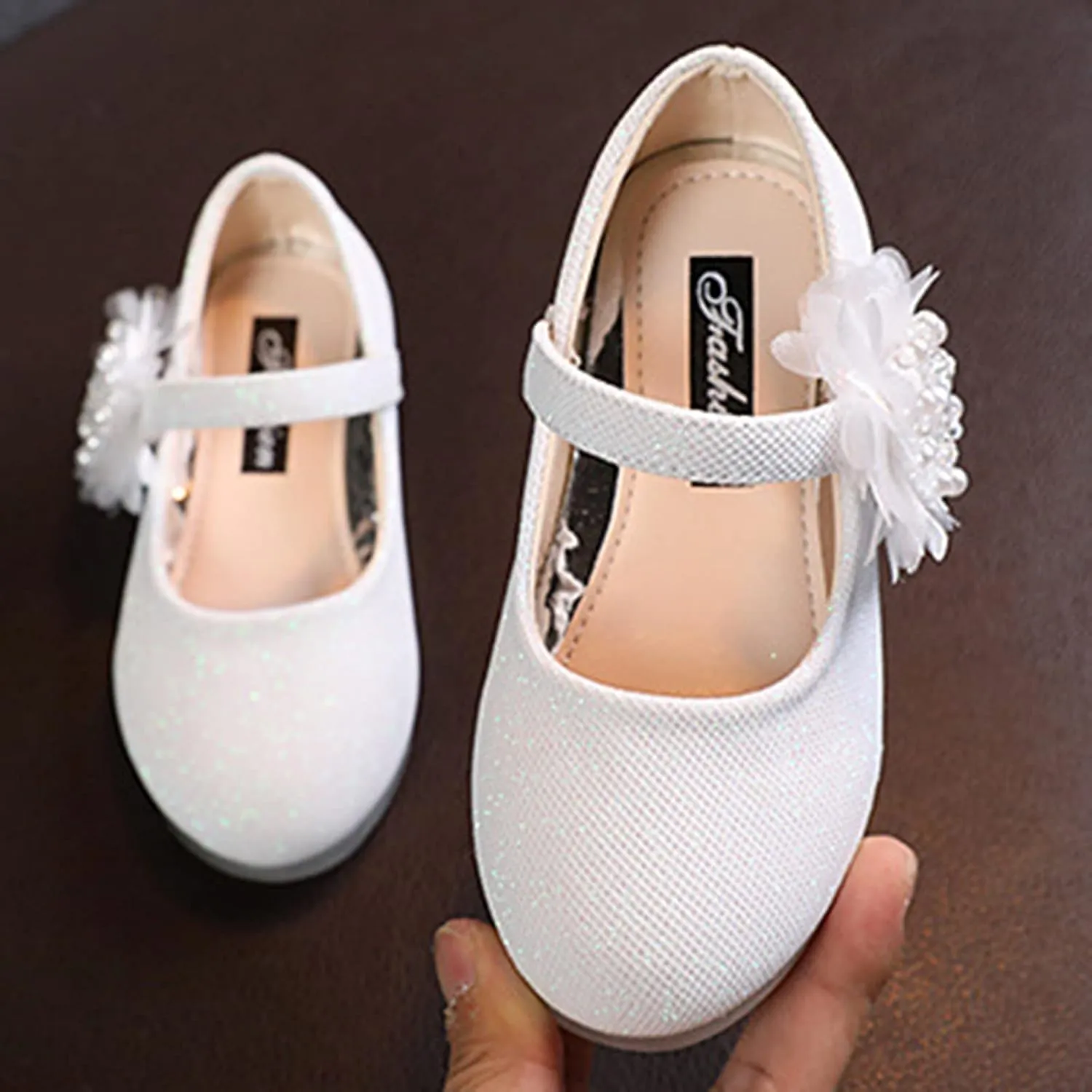 Kids Children Leather Single Shoes Fashion Pearl Big Flower Decorate Small Grid Style Loafers Princess Shoes