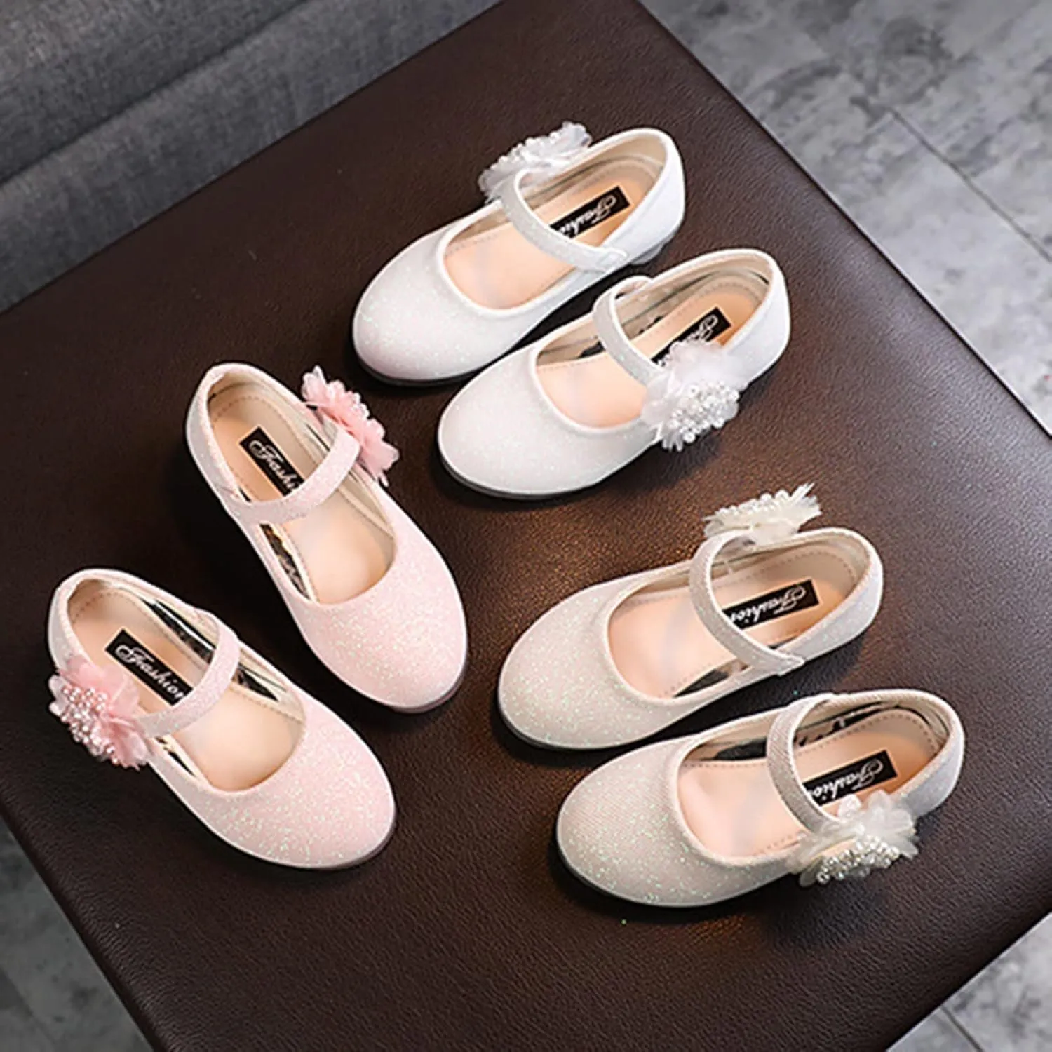 Kids Children Leather Single Shoes Fashion Pearl Big Flower Decorate Small Grid Style Loafers Princess Shoes