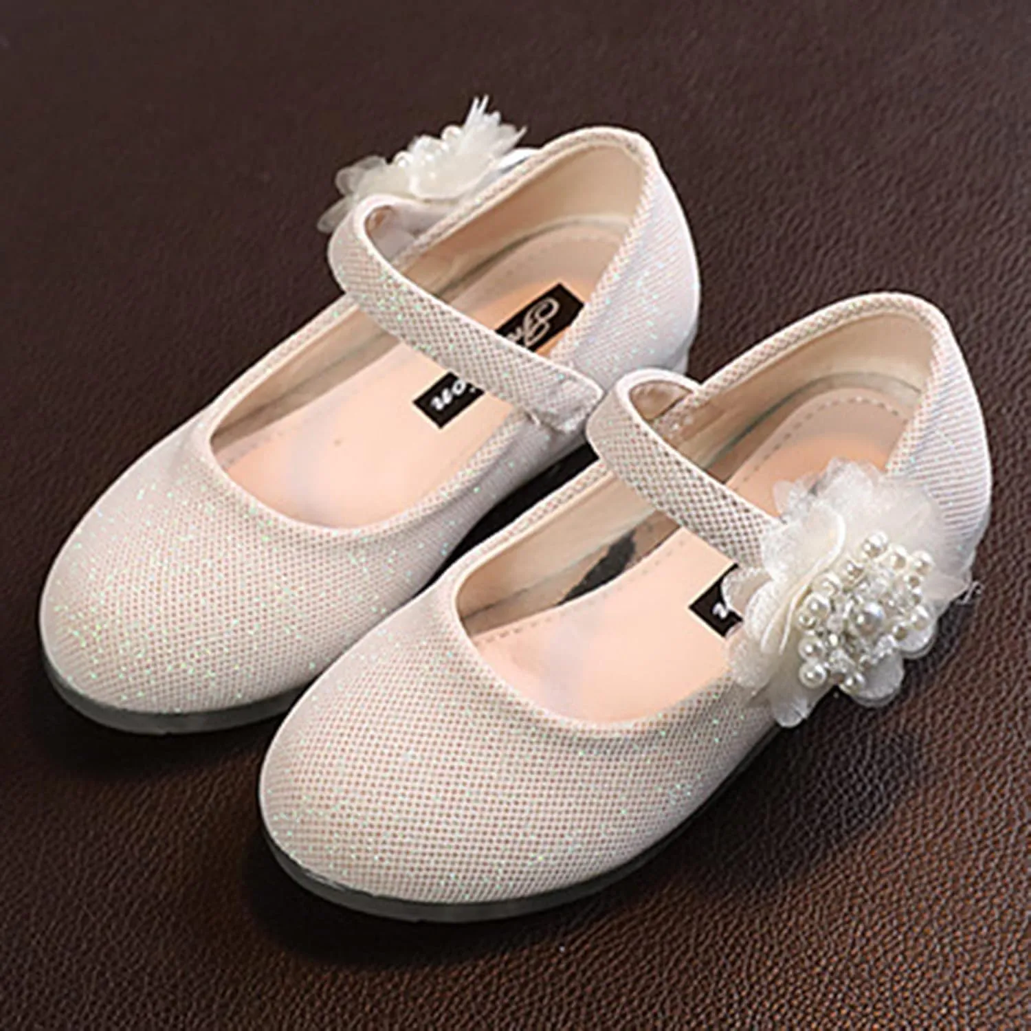 Kids Children Leather Single Shoes Fashion Pearl Big Flower Decorate Small Grid Style Loafers Princess Shoes