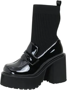 KISSASA Womens Chunky Platform Heeled Loafers Patent Leather Stretch Knit High Heel Ankle Boots