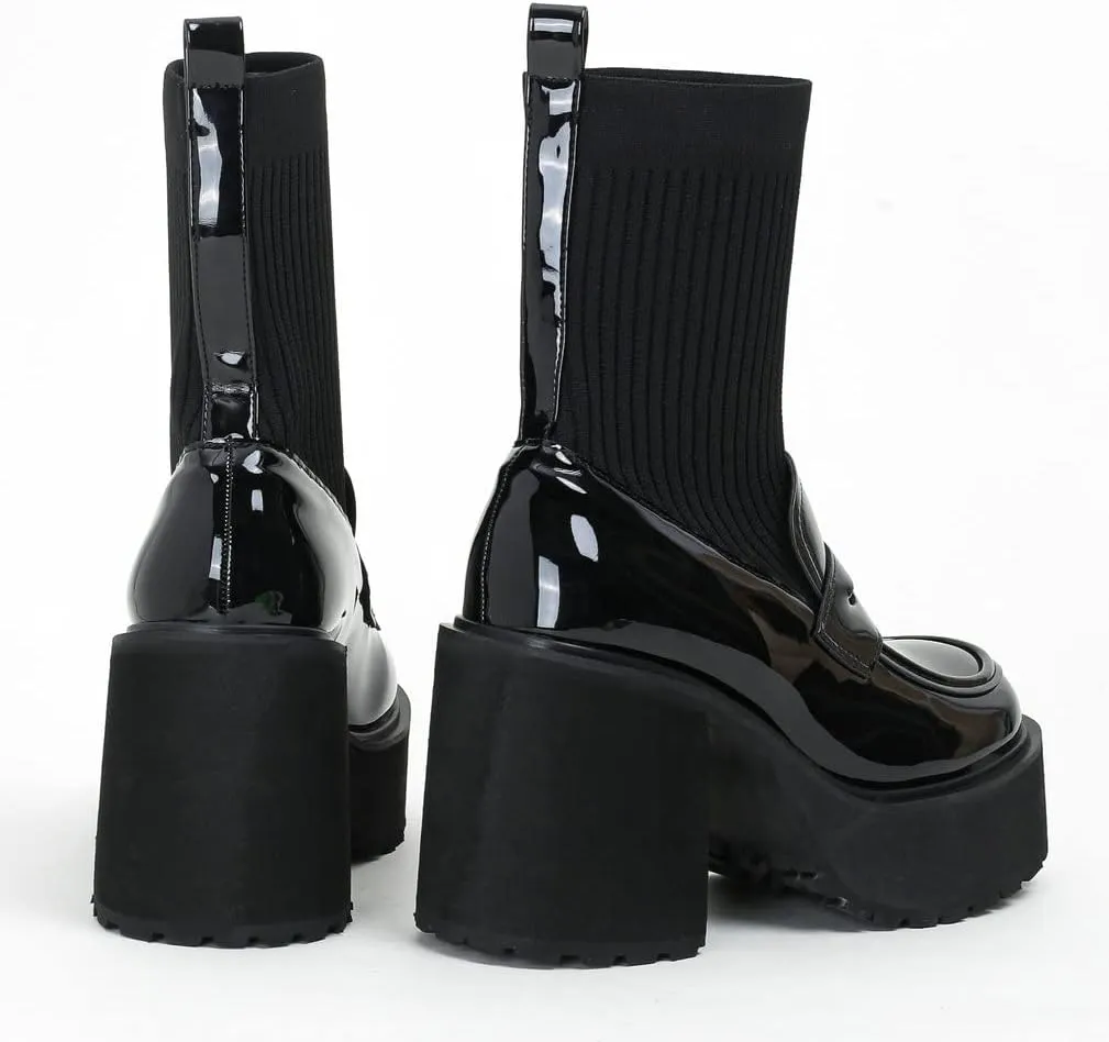 KISSASA Womens Chunky Platform Heeled Loafers Patent Leather Stretch Knit High Heel Ankle Boots