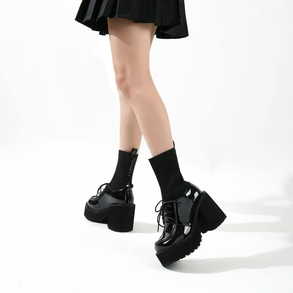 KISSASA Womens Chunky Platform Heeled Loafers Patent Leather Stretch Knit High Heel Ankle Boots