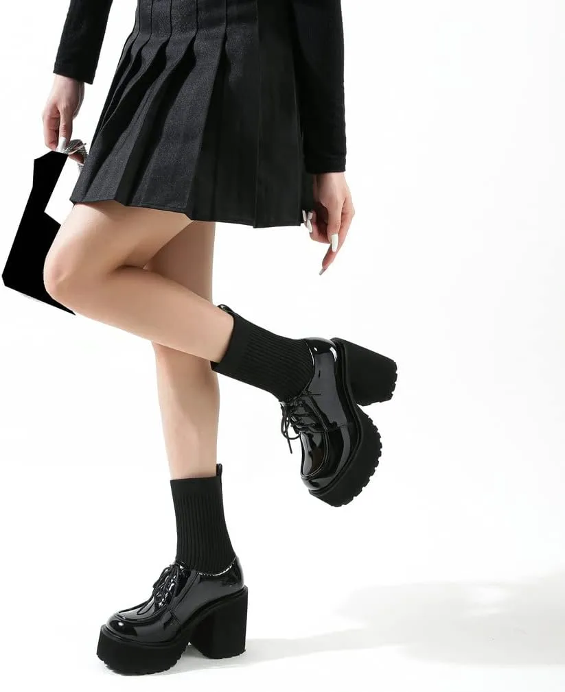 KISSASA Womens Chunky Platform Heeled Loafers Patent Leather Stretch Knit High Heel Ankle Boots