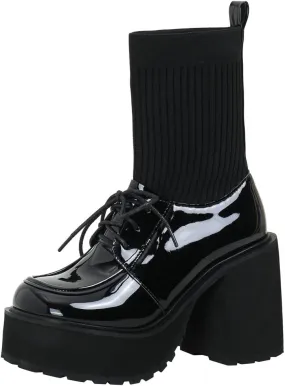 KISSASA Womens Chunky Platform Heeled Loafers Patent Leather Stretch Knit High Heel Ankle Boots