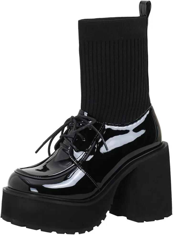 KISSASA Womens Chunky Platform Heeled Loafers Patent Leather Stretch Knit High Heel Ankle Boots