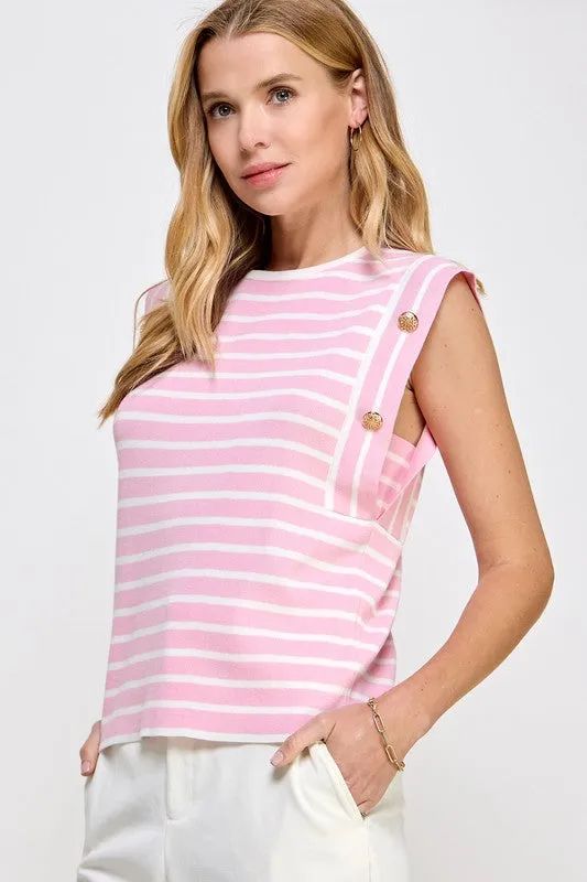 MARINA STRIPED BUTTON KNIT TOP IN PINK
