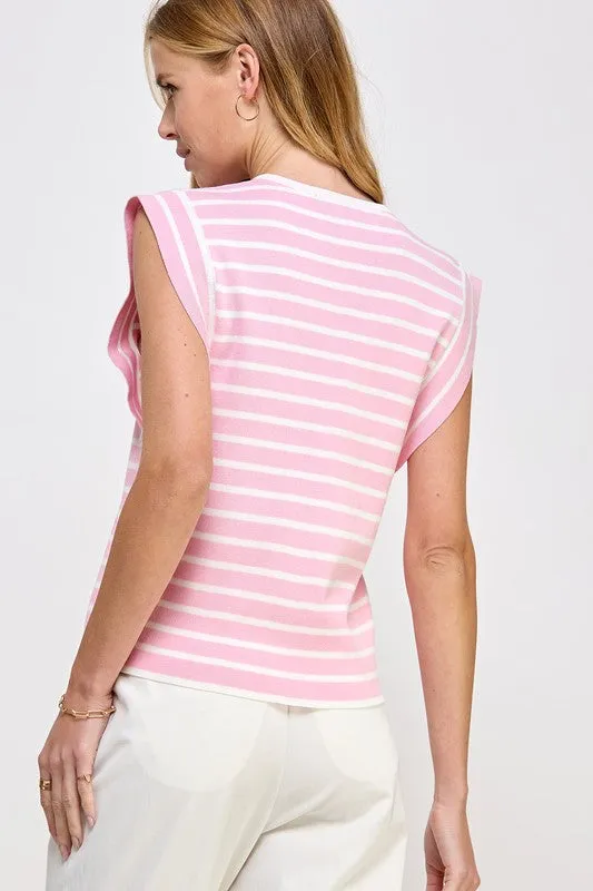 MARINA STRIPED BUTTON KNIT TOP IN PINK