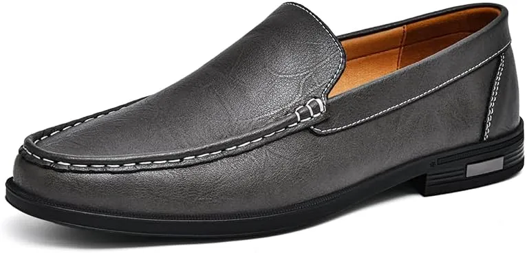 Mens Casual Leather Loafers, Slip-On Dress Boat Shoes, Blue, Black, White, Gray