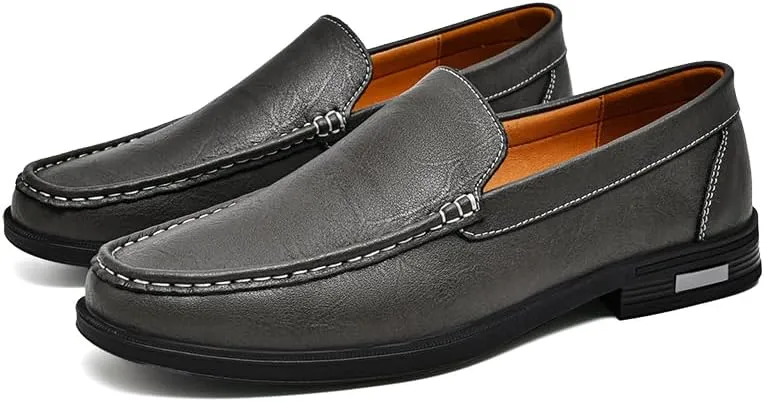 Mens Casual Leather Loafers, Slip-On Dress Boat Shoes, Blue, Black, White, Gray