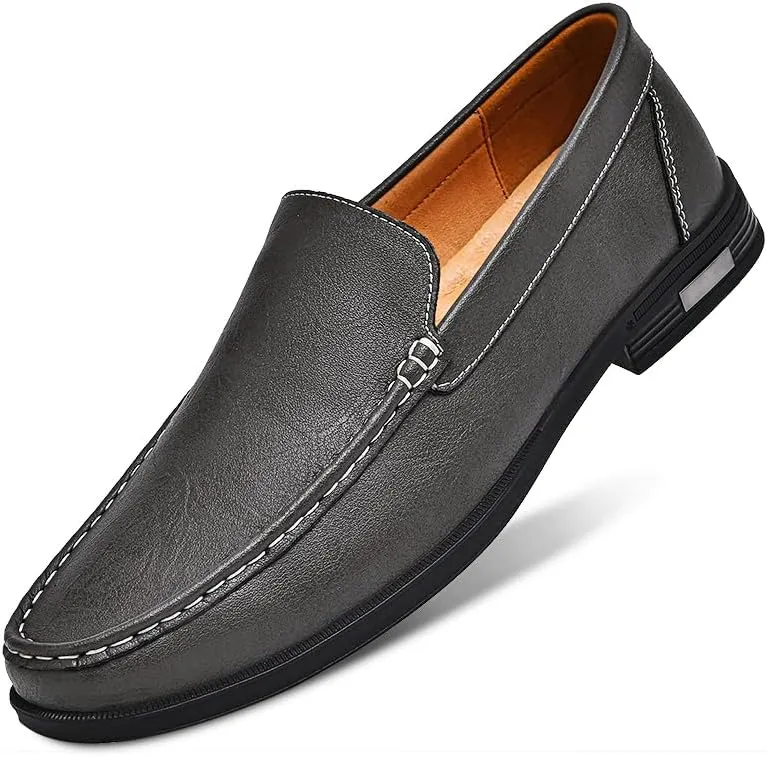 Mens Casual Leather Loafers, Slip-On Dress Boat Shoes, Blue, Black, White, Gray