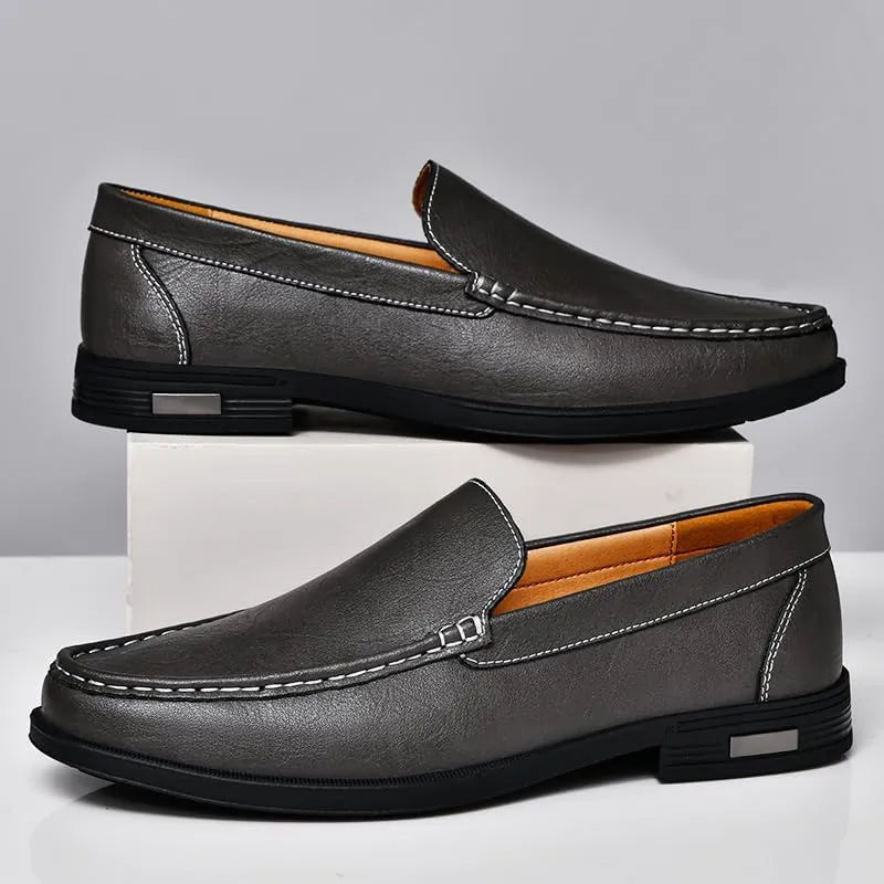 Mens Casual Leather Loafers, Slip-On Dress Boat Shoes, Blue, Black, White, Gray