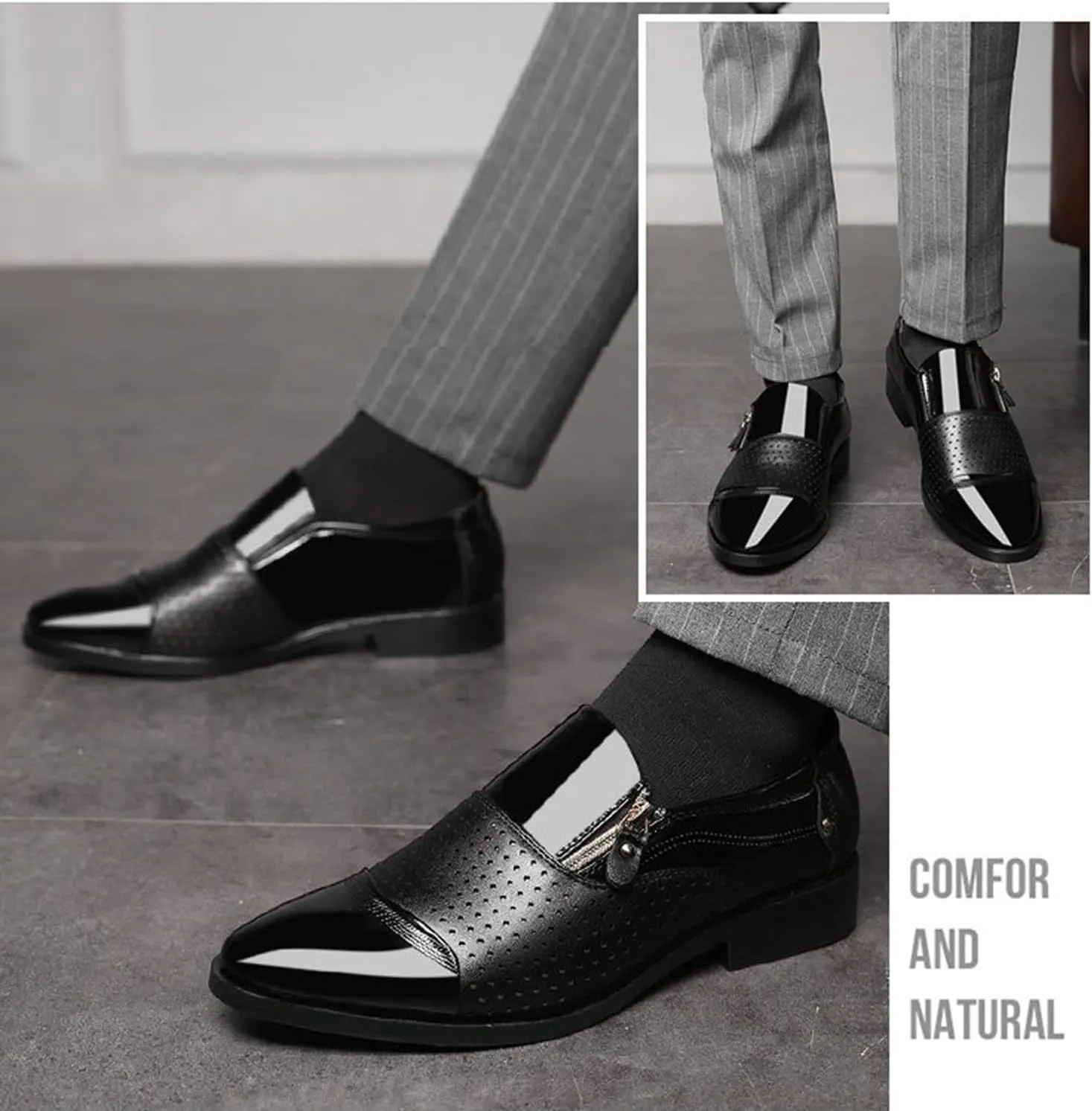 Men's Dress Shoes Patent Leather Loafers Comfy Slip-on Business Dress Flats with Zipper Breathable Driving Shoes