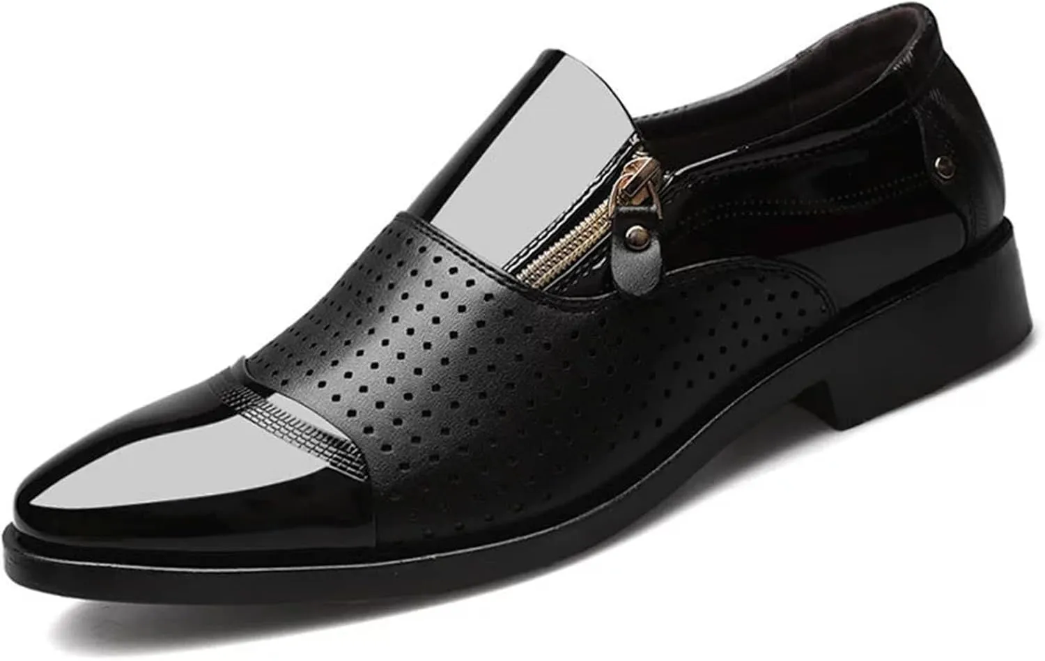 Men's Dress Shoes Patent Leather Loafers Comfy Slip-on Business Dress Flats with Zipper Breathable Driving Shoes
