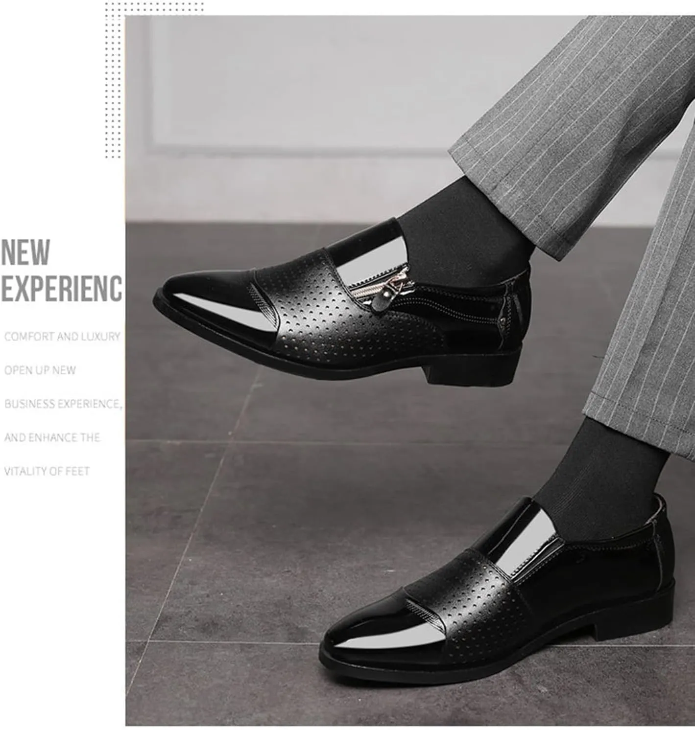 Men's Dress Shoes Patent Leather Loafers Comfy Slip-on Business Dress Flats with Zipper Breathable Driving Shoes