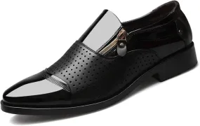 Men's Dress Shoes Patent Leather Loafers Comfy Slip-on Business Dress Flats with Zipper Breathable Driving Shoes