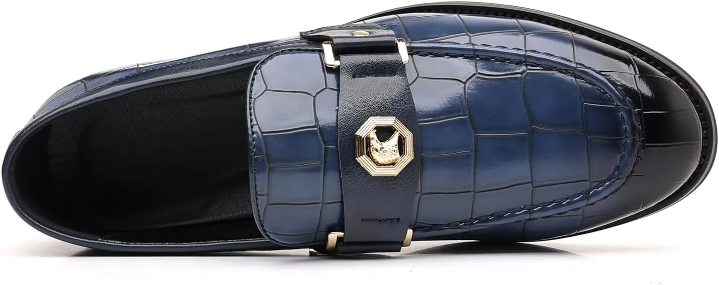 Men's Patent Leather Loafers, Crocodile Pattern, Metal Buckle Detail, Black Dress Shoes