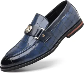 Men's Patent Leather Loafers, Crocodile Pattern, Metal Buckle Detail, Black Dress Shoes