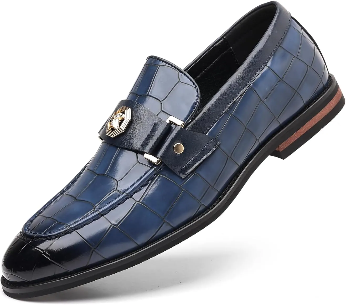 Men's Patent Leather Loafers, Crocodile Pattern, Metal Buckle Detail, Black Dress Shoes