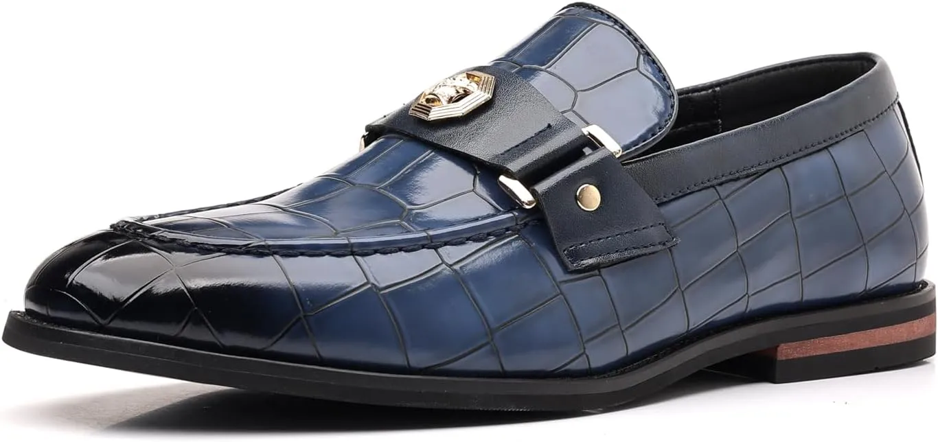 Men's Patent Leather Loafers, Crocodile Pattern, Metal Buckle Detail, Black Dress Shoes