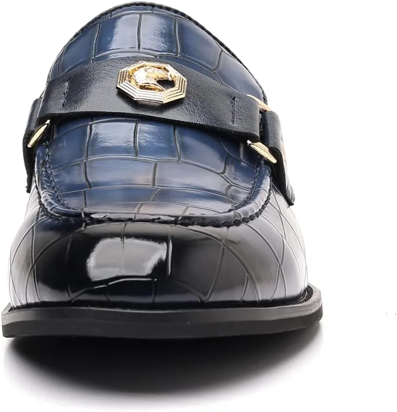 Men's Patent Leather Loafers, Crocodile Pattern, Metal Buckle Detail, Black Dress Shoes