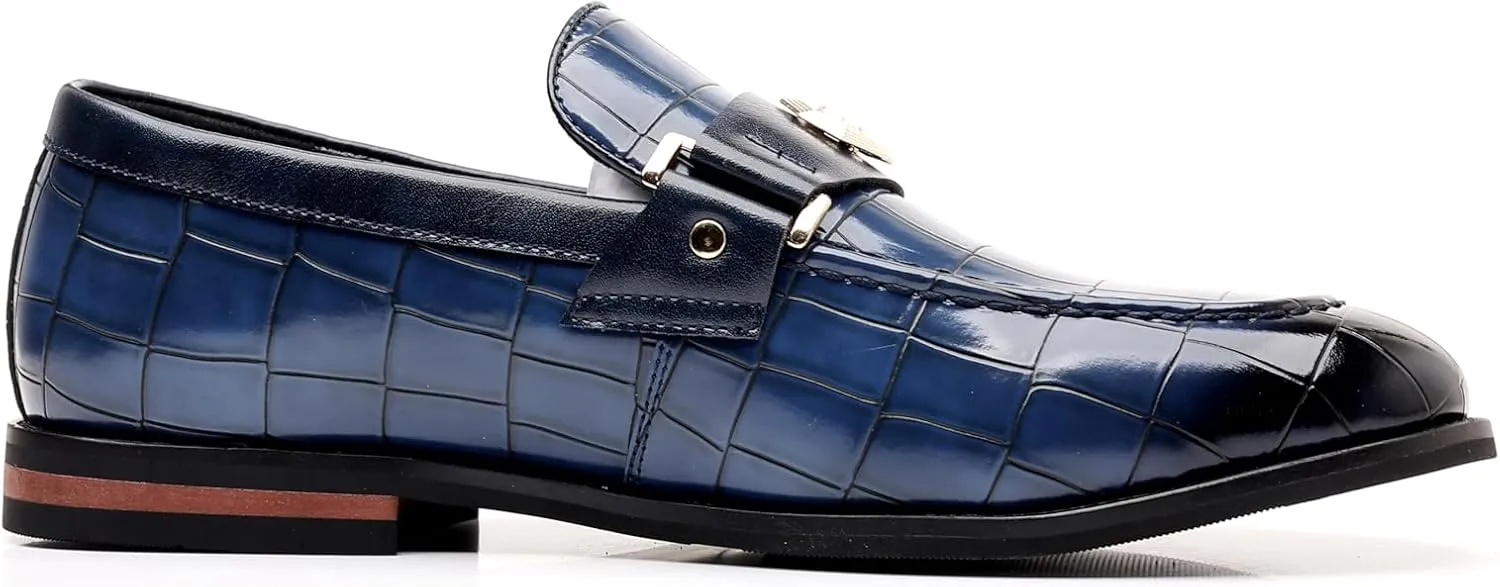 Men's Patent Leather Loafers, Crocodile Pattern, Metal Buckle Detail, Black Dress Shoes