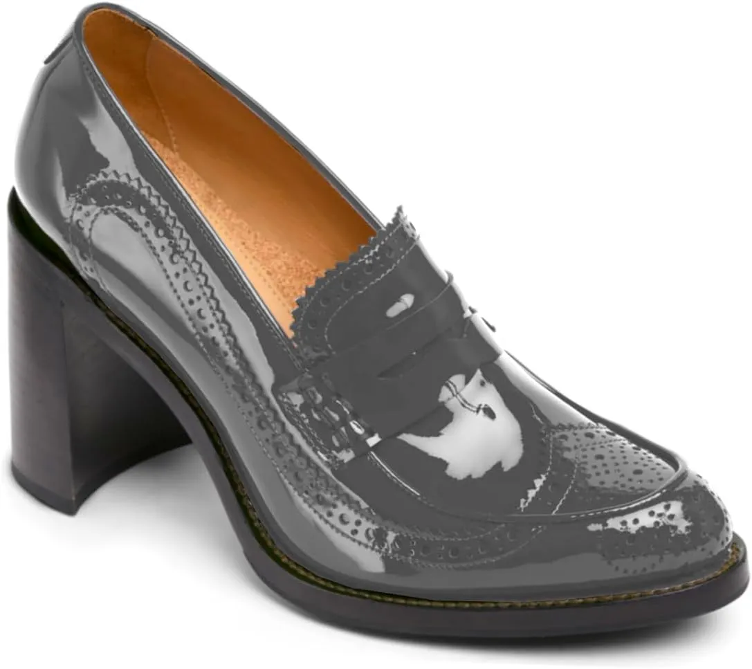 MOOMMO Women Chunky Block High Heel Loafer Pumps Round Closed Toe Slip On Oxford Shoes 3 Inch Heels Patent Leather Work Pumps Office Ladies Wingtip Dress Loafers Formal Business Party Retro 4-11 M US