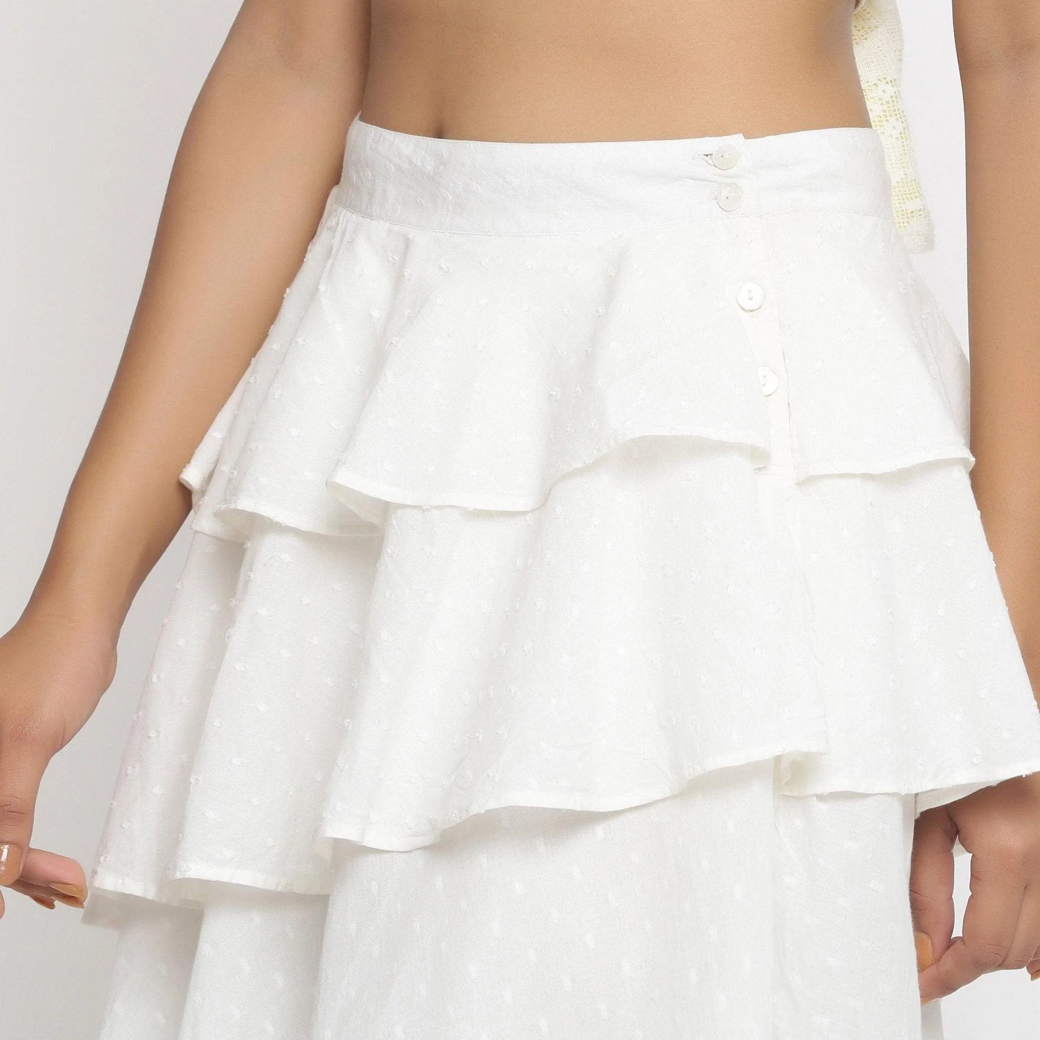Off-White 100% Cotton Dobby Ruffled Short Skirt