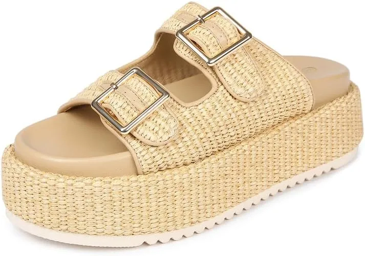 Platform Sandals for Women Espadrille Wedges Summer Beach Comfortable Open Toe Cute Woven Straw Crochet Vacation Slides Mules Casual Natural Raffia Size 8.5