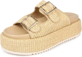 Platform Sandals for Women Espadrille Wedges Summer Beach Comfortable Open Toe Cute Woven Straw Crochet Vacation Slides Mules Casual Natural Raffia Size 8.5