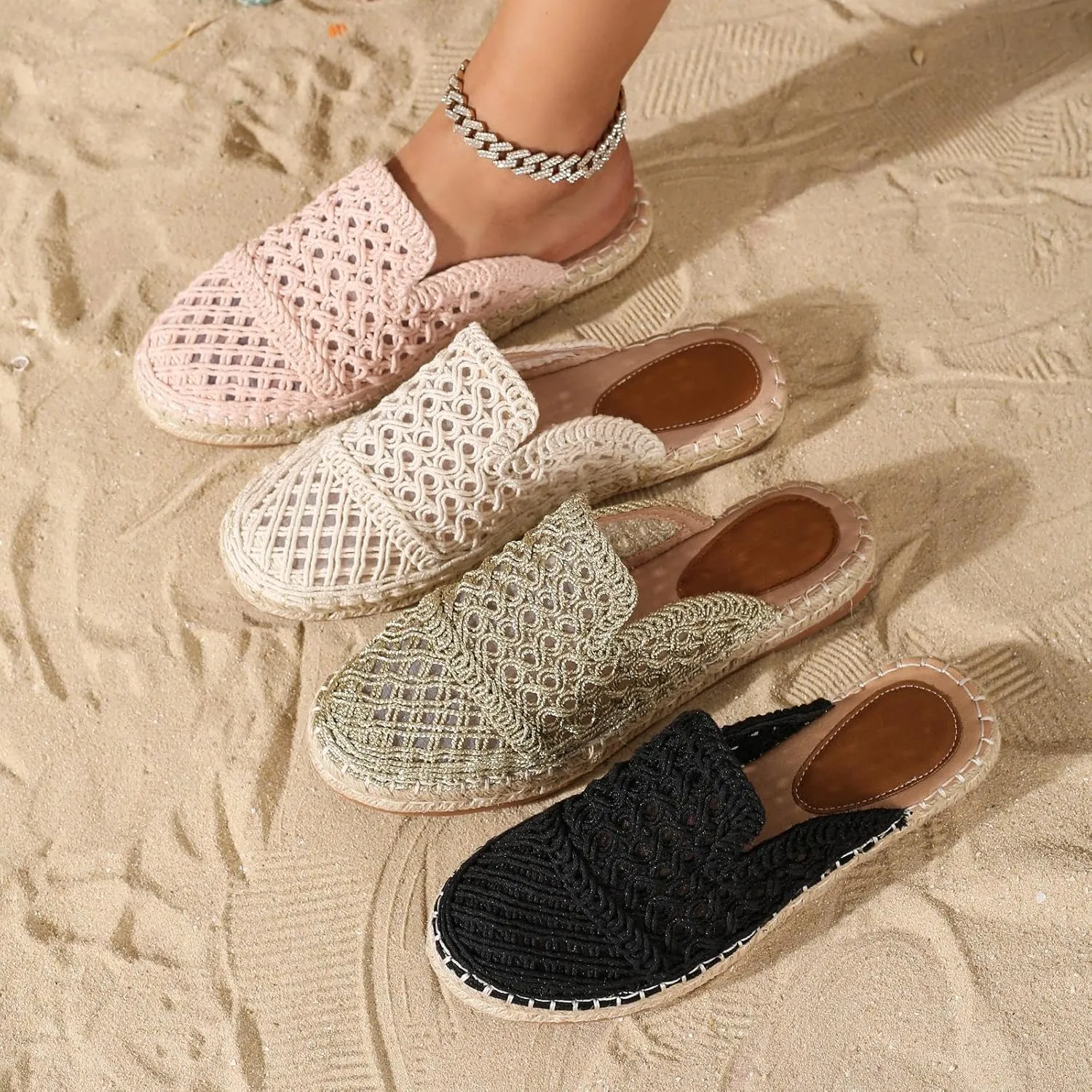 Putu Women's Espadrille Hollow Out Mules Closed Toe Slide Sandals Summer Vacation Flat Shoes