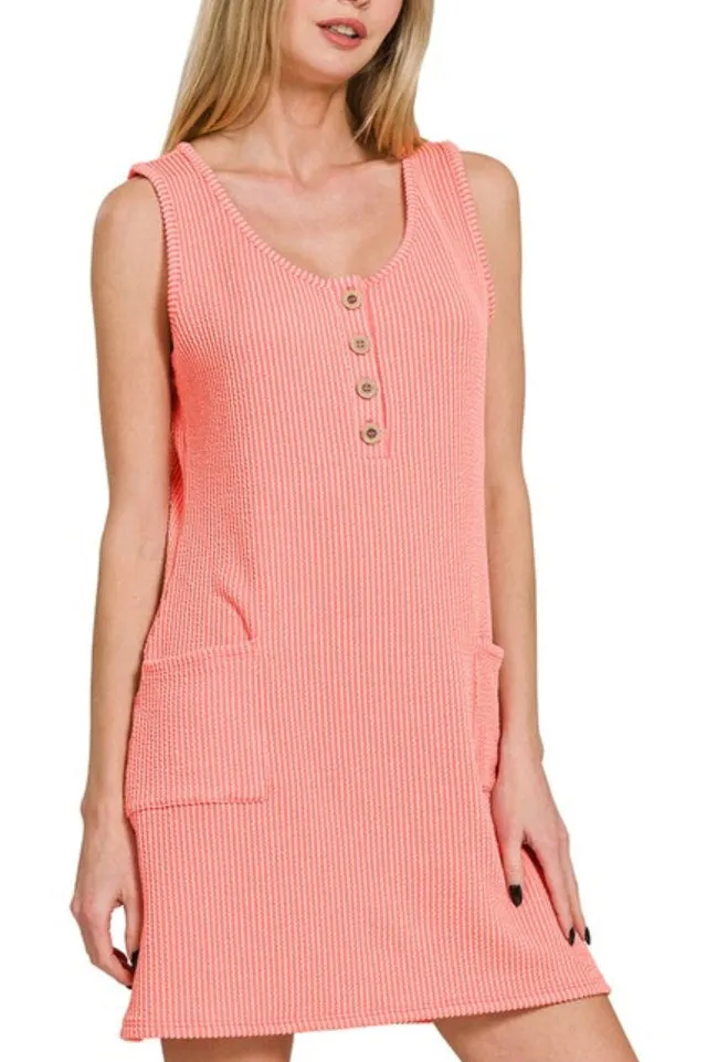 Ribbed Sleeveless Dress (Coral)