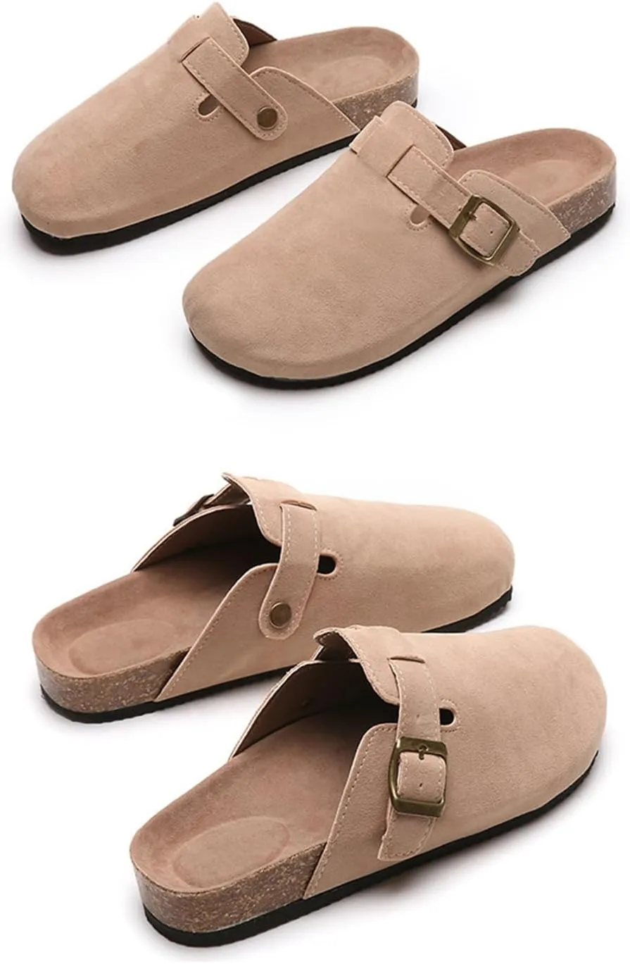 SACFOF Women's Suede Clogs Leather Mules Cork Footbed Sandals Unisex Slip-on Comfortable Home Mules Potato Shoes
