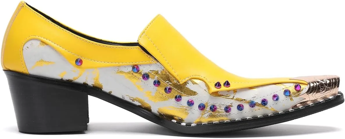 Santimon Men's Dress Casual Penny Loafers - Genuine Leather Slip On Mocasines Western Shoes with Metal-Tip Toe & Rainbow Beads for Wedding, Prom Ballroom & Party