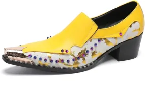 Santimon Men's Dress Casual Penny Loafers - Genuine Leather Slip On Mocasines Western Shoes with Metal-Tip Toe & Rainbow Beads for Wedding, Prom Ballroom & Party