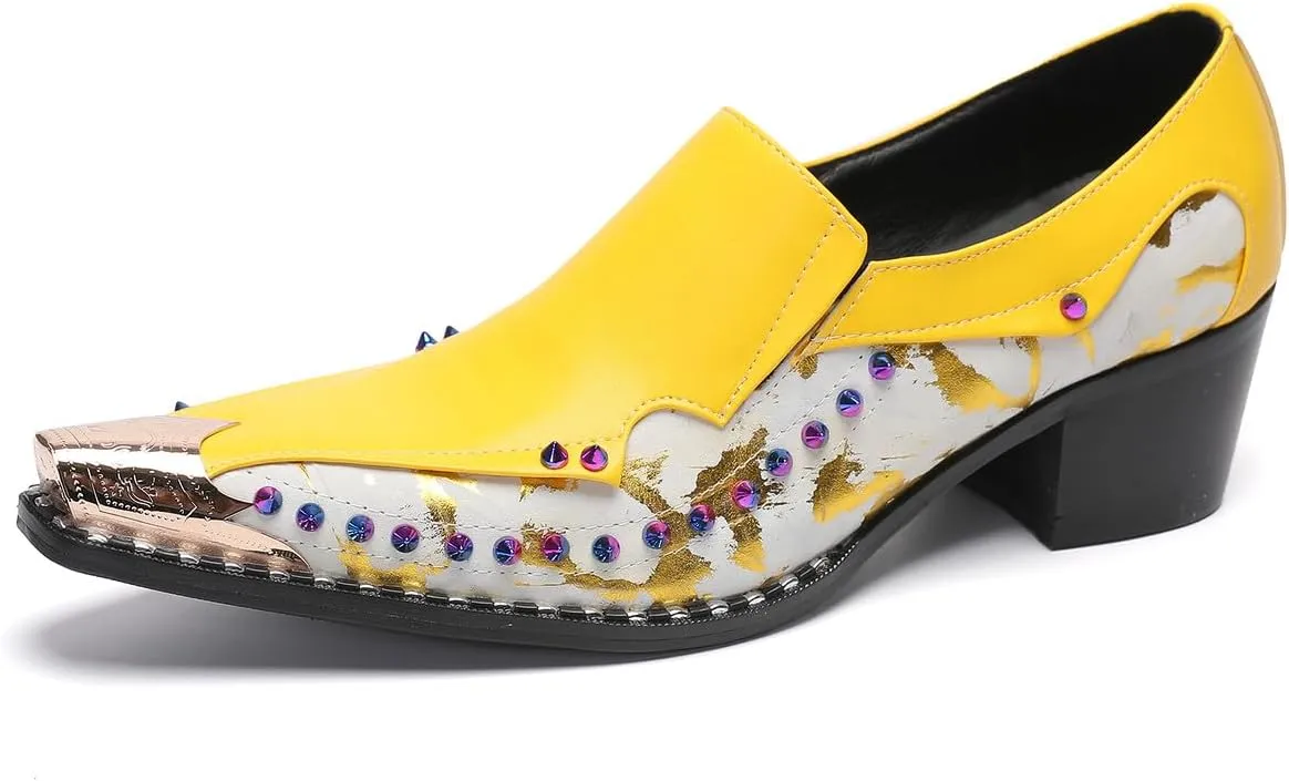 Santimon Men's Dress Casual Penny Loafers - Genuine Leather Slip On Mocasines Western Shoes with Metal-Tip Toe & Rainbow Beads for Wedding, Prom Ballroom & Party