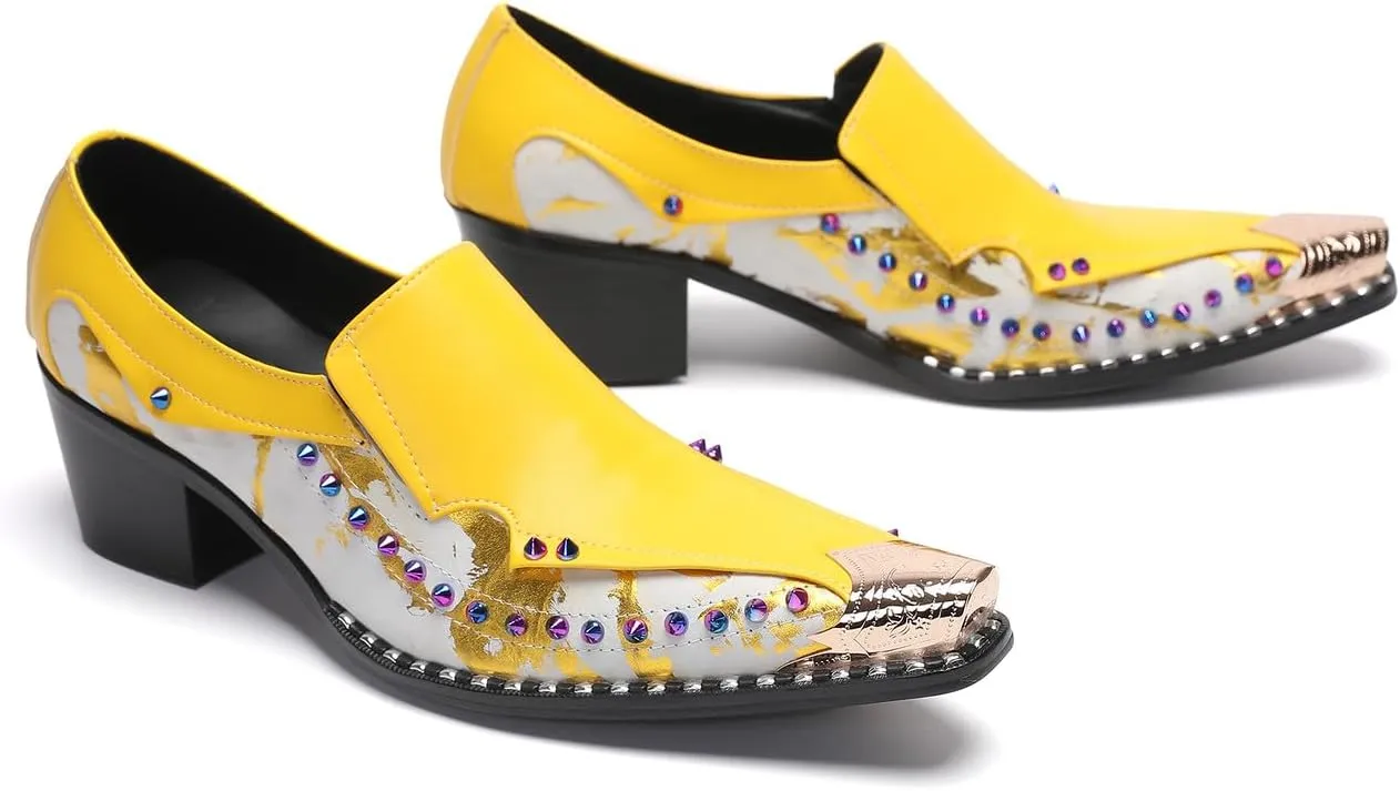 Santimon Men's Dress Casual Penny Loafers - Genuine Leather Slip On Mocasines Western Shoes with Metal-Tip Toe & Rainbow Beads for Wedding, Prom Ballroom & Party