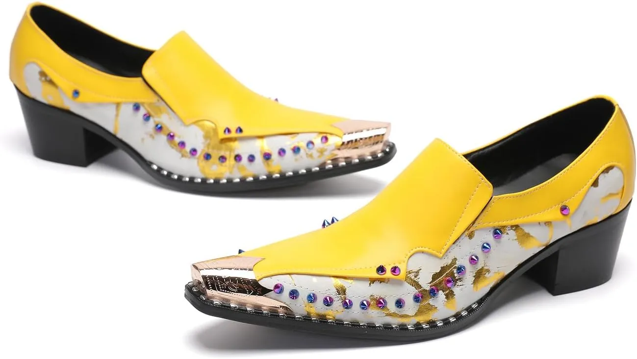Santimon Men's Dress Casual Penny Loafers - Genuine Leather Slip On Mocasines Western Shoes with Metal-Tip Toe & Rainbow Beads for Wedding, Prom Ballroom & Party