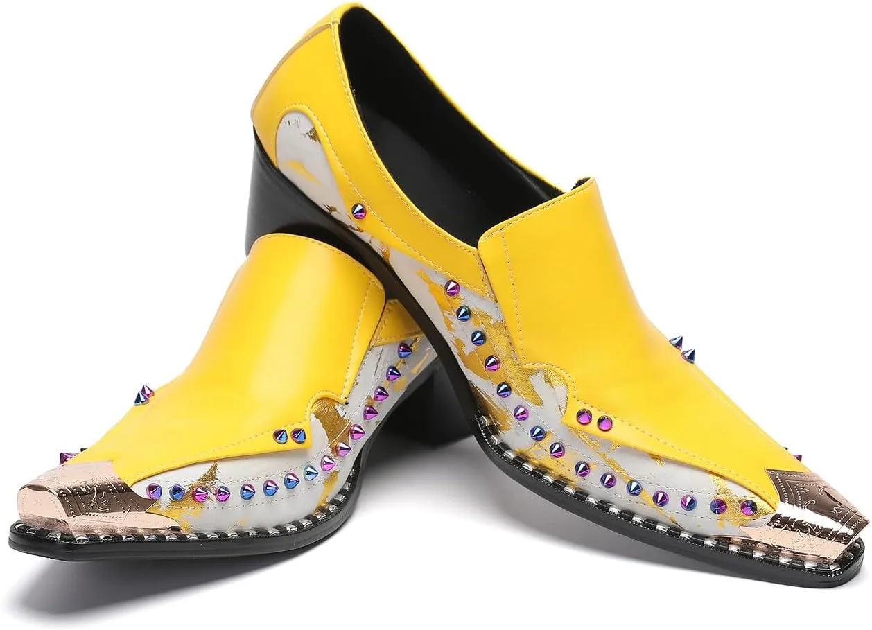 Santimon Men's Dress Casual Penny Loafers - Genuine Leather Slip On Mocasines Western Shoes with Metal-Tip Toe & Rainbow Beads for Wedding, Prom Ballroom & Party